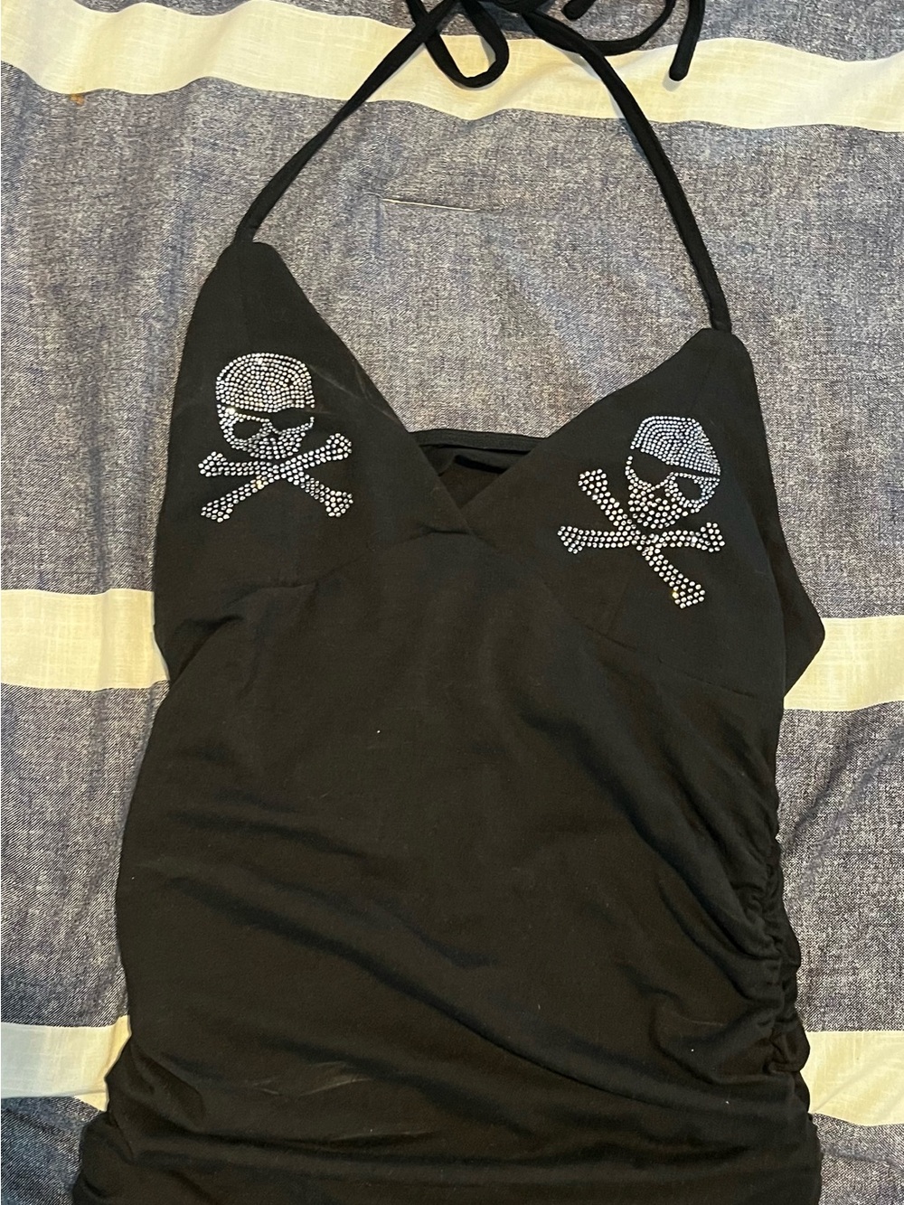 Black Halter Piece with Rhinestone Skull Detail